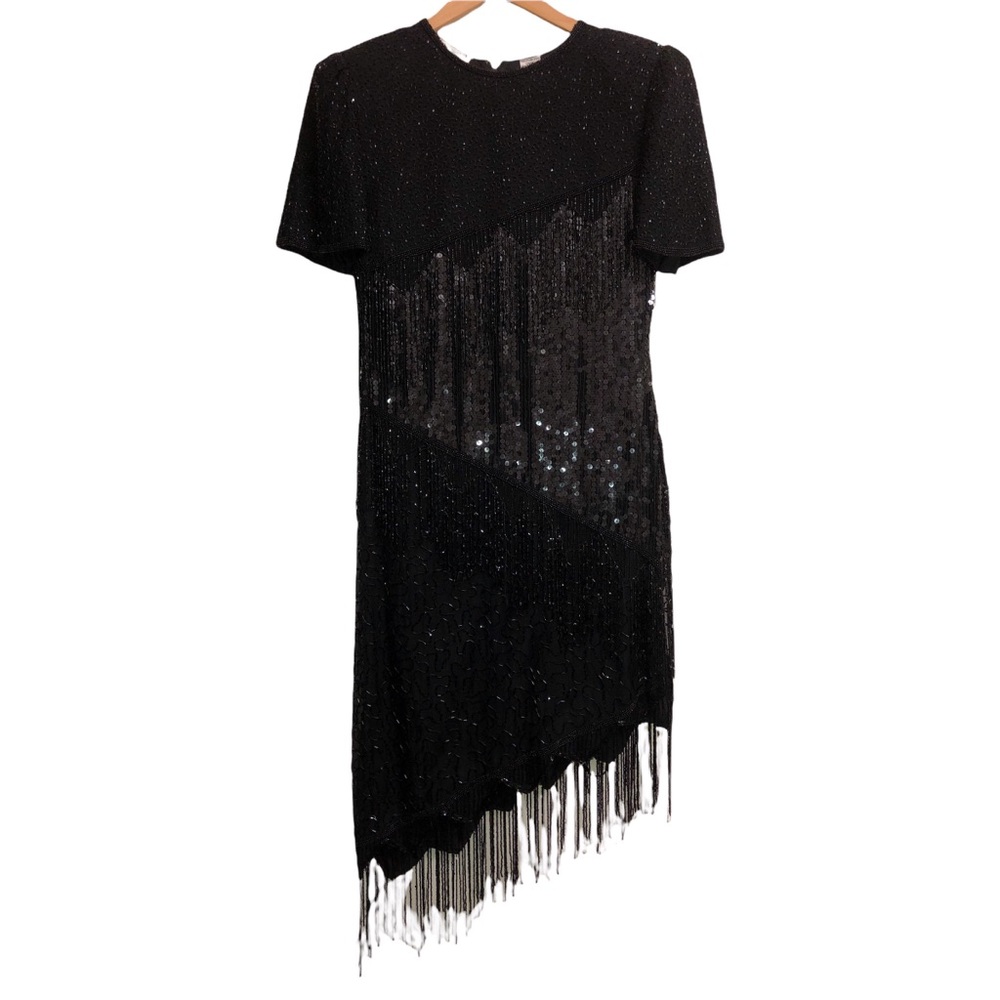 Vintage SCALA Black beaded Fringe Sequin Little Black Cocktail holiday Dress